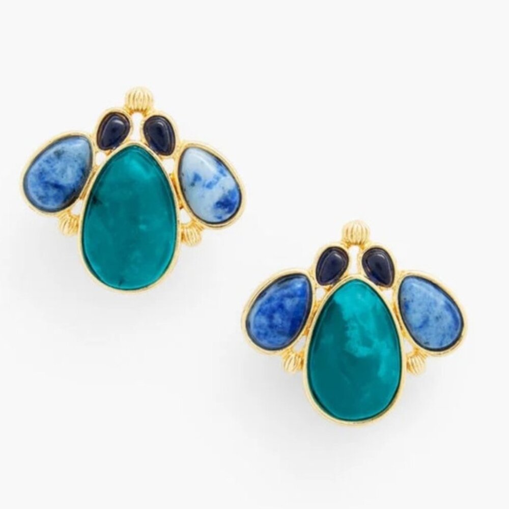 Talbots Cluster Bead Stud Earrings Dark Teal Multi Gold Tone